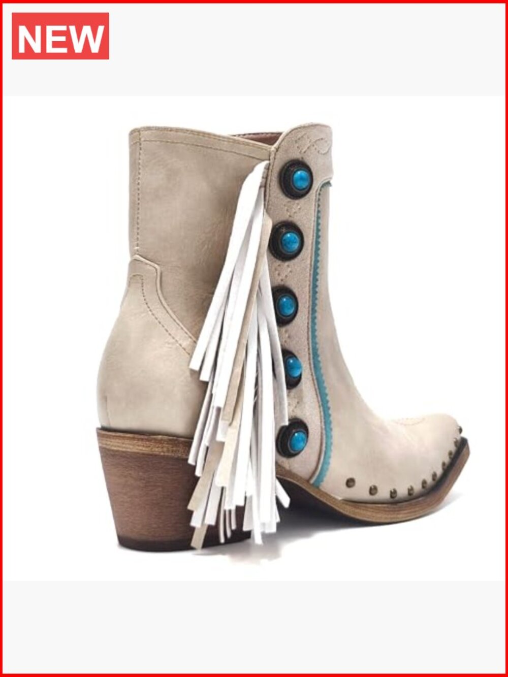 Fringe Studded Cowboy Ankle Booties with Turquoise Stones - Picture 6 of 7